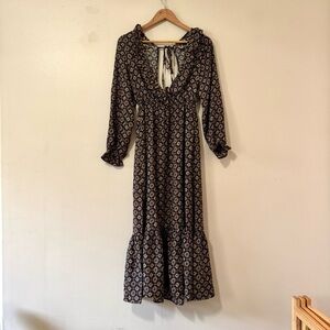 SHEIN Ruffled Tiered Sundress Black Tan Long Sleeve Open Back Size 4 - NWOT